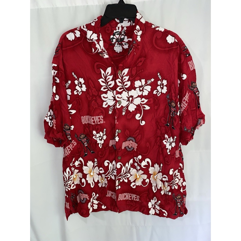 Ohio State University Buckeyes Red Spike Sports Hawaiian Camp Shirt Mens XXL